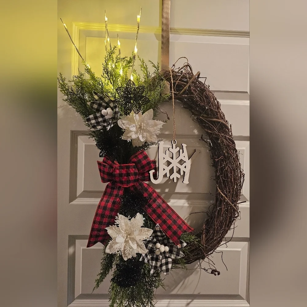 Handmade Farmhouse-style Oval Buffalo Plaid Holiday Wreath. 1 Of A Kind